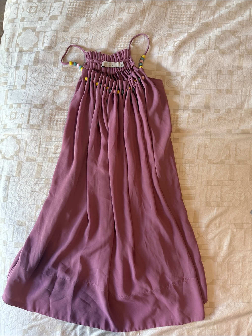Stella McCartney Mauve Smocked Neck Spaghetti Strap Dress with Bead Accents